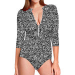 Monochrome Graffiti Hippie Pattern Print Long Sleeve Swimsuit