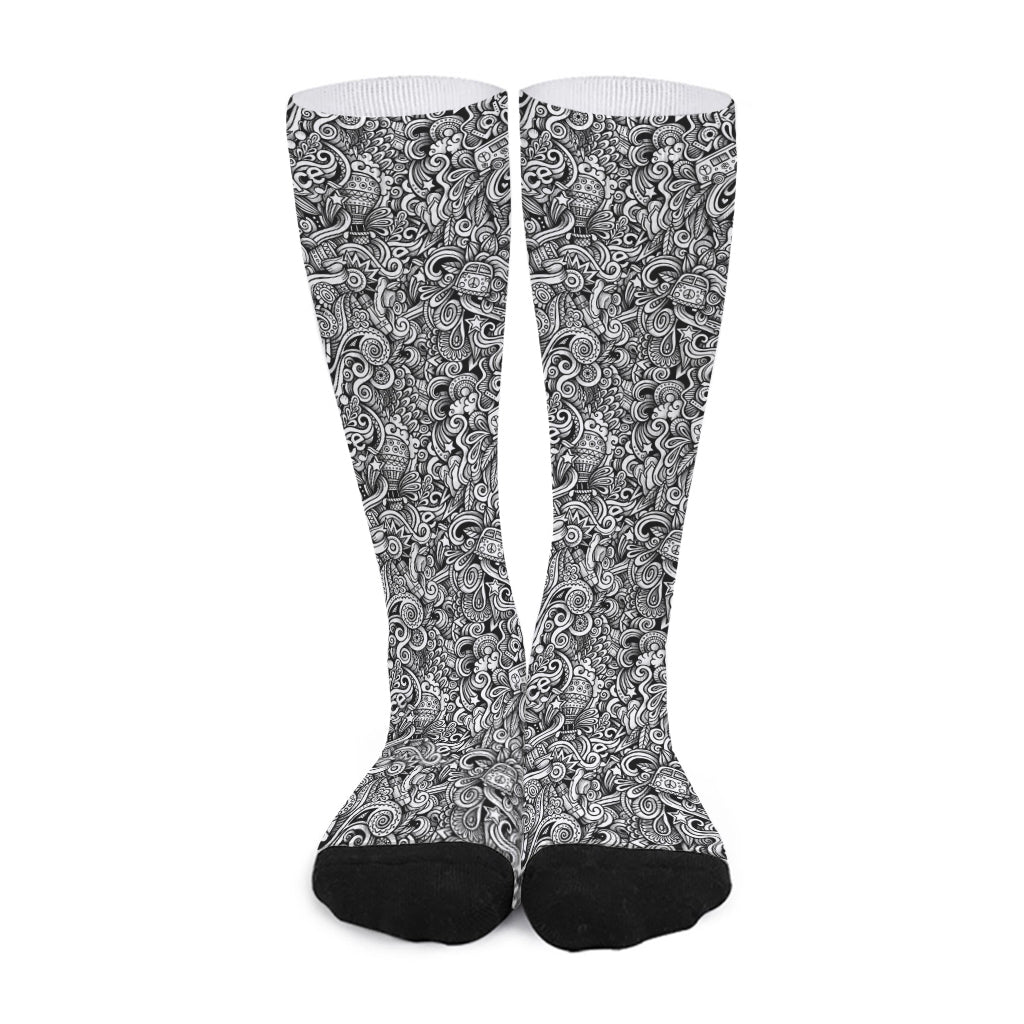 Monochrome Graffiti Hippie Pattern Print Long Socks