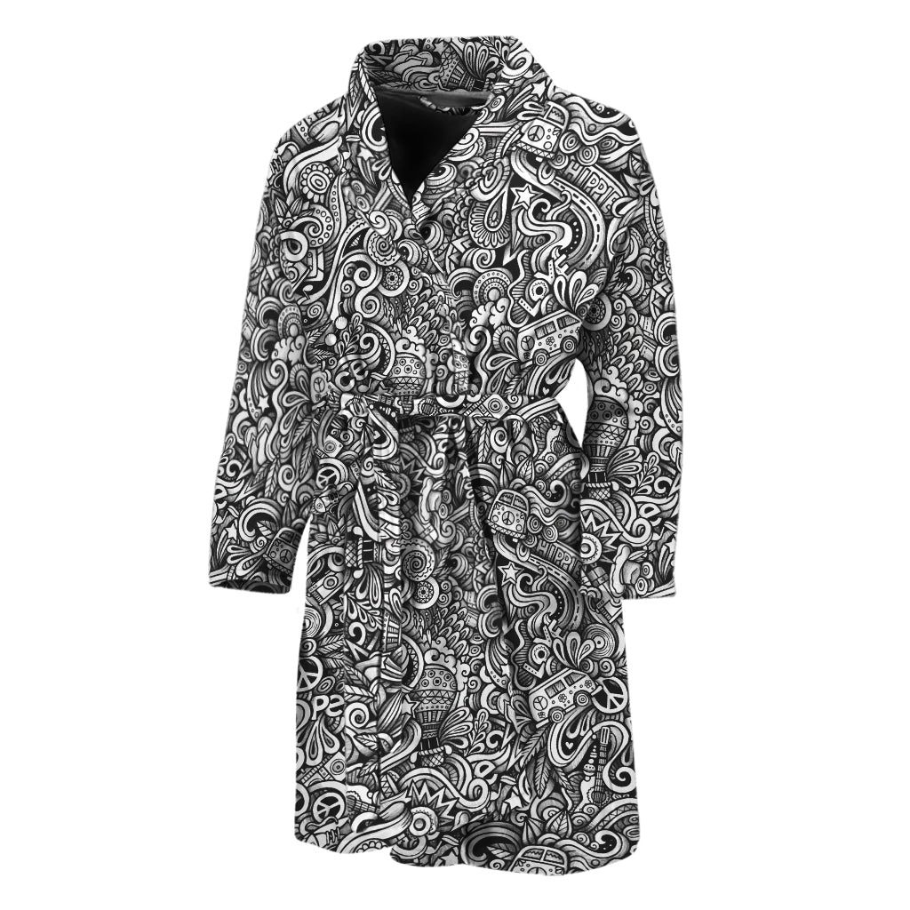 Monochrome Graffiti Hippie Pattern Print Men's Bathrobe