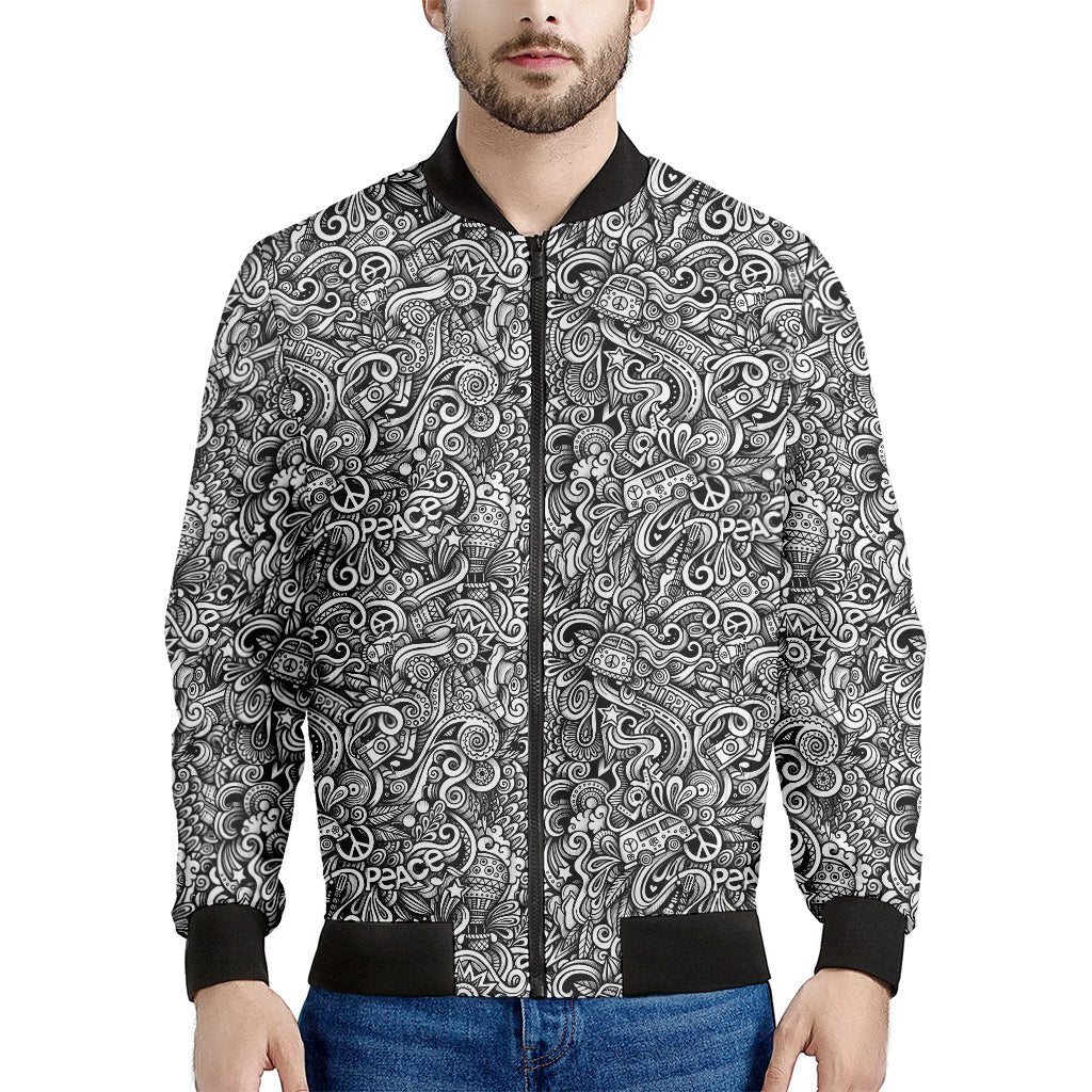 Monochrome Graffiti Hippie Pattern Print Men's Bomber Jacket