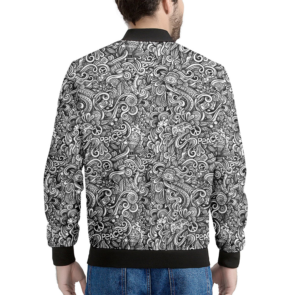 Monochrome Graffiti Hippie Pattern Print Men's Bomber Jacket