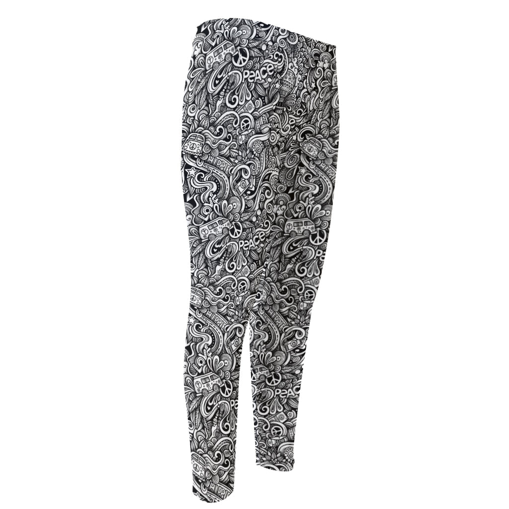 Monochrome Graffiti Hippie Pattern Print Men's Compression Pants