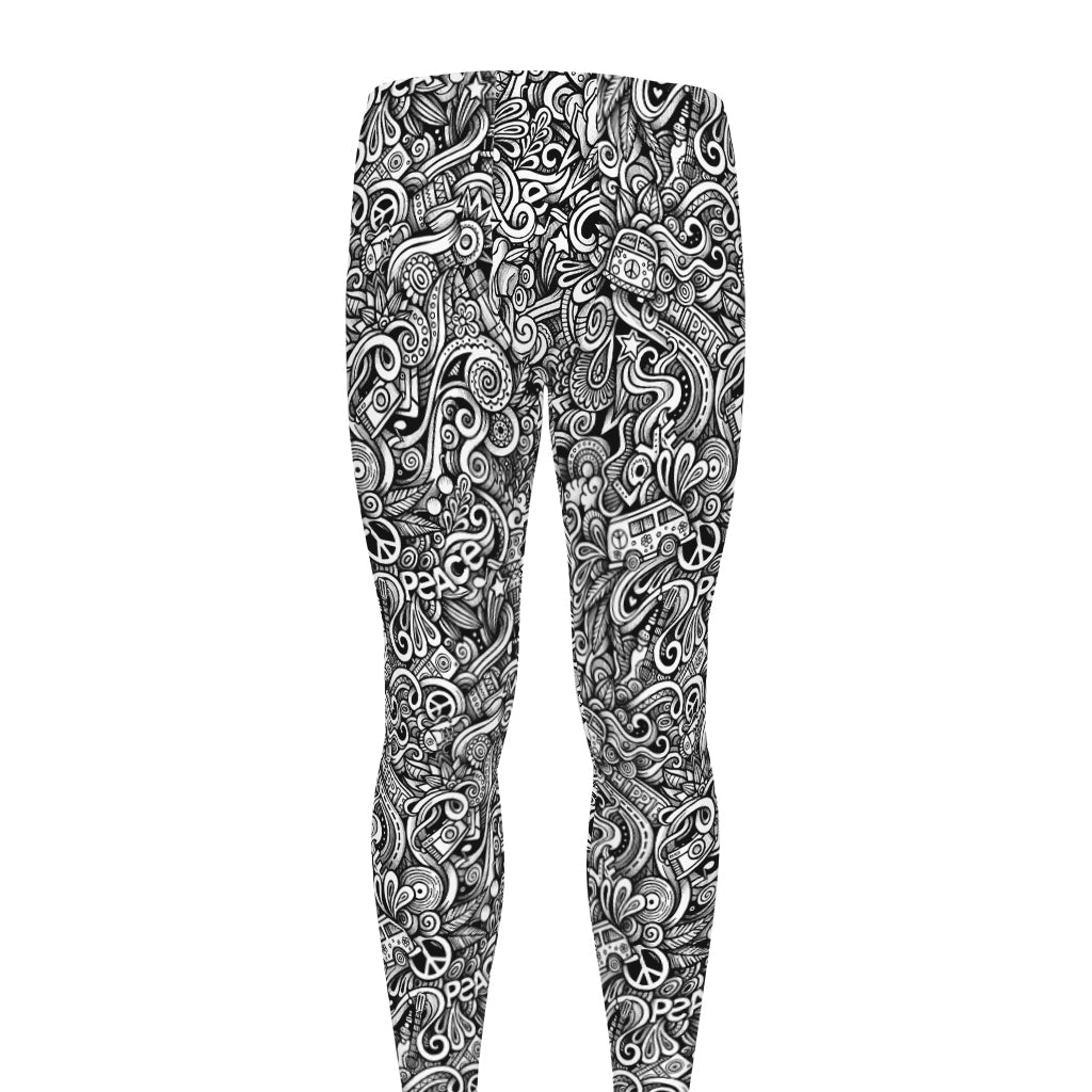 Monochrome Graffiti Hippie Pattern Print Men's leggings