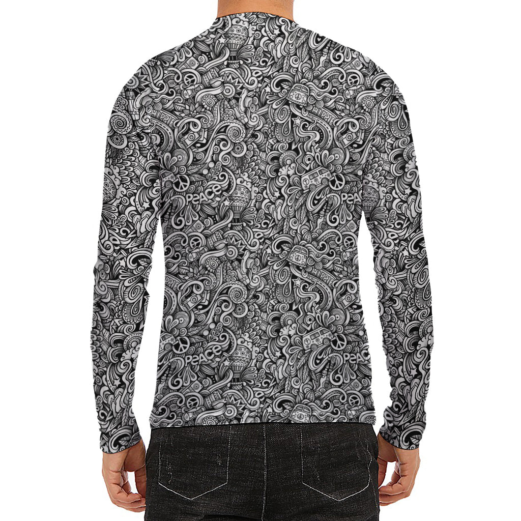 Monochrome Graffiti Hippie Pattern Print Men's Long Sleeve Rash Guard