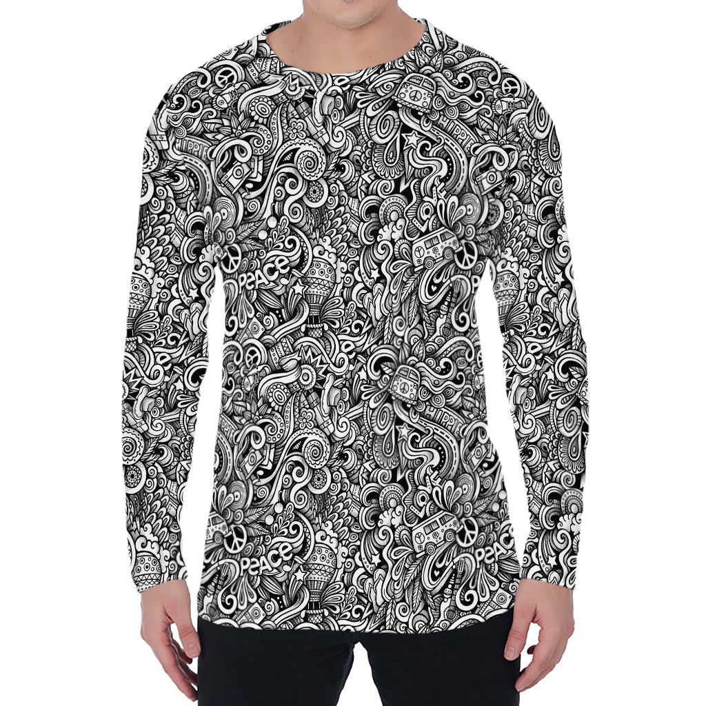 Monochrome Graffiti Hippie Pattern Print Men's Long Sleeve T-Shirt