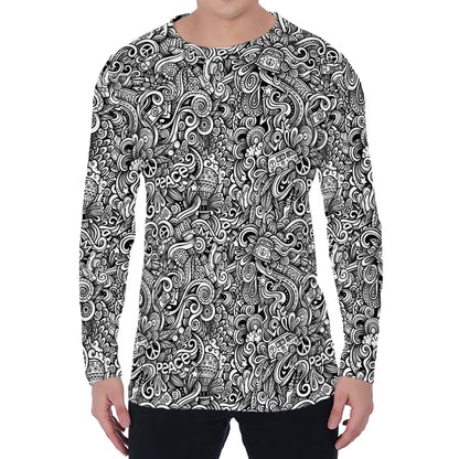 Monochrome Graffiti Hippie Pattern Print Men's Long Sleeve T-Shirt