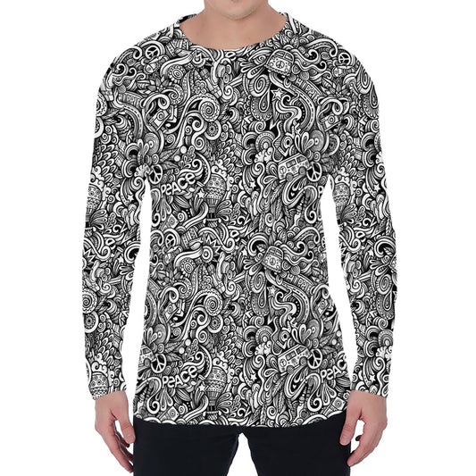 Monochrome Graffiti Hippie Pattern Print Men's Long Sleeve T-Shirt