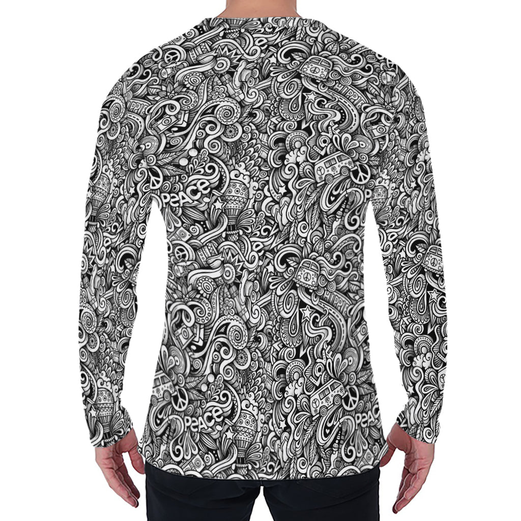 Monochrome Graffiti Hippie Pattern Print Men's Long Sleeve T-Shirt