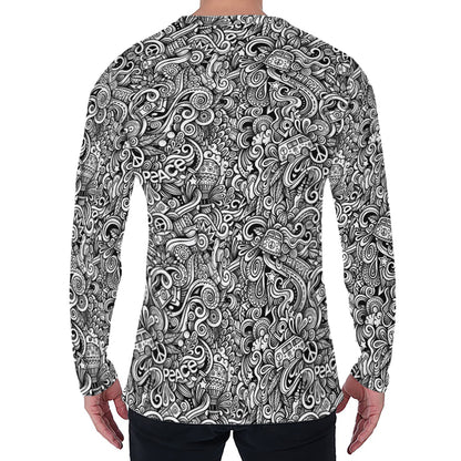 Monochrome Graffiti Hippie Pattern Print Men's Long Sleeve T-Shirt
