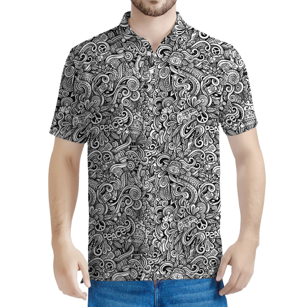 Monochrome Graffiti Hippie Pattern Print Men's Polo Shirt