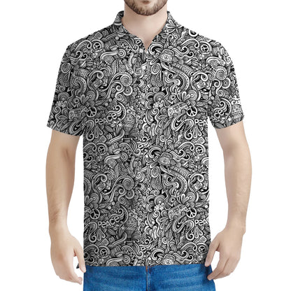 Monochrome Graffiti Hippie Pattern Print Men's Polo Shirt