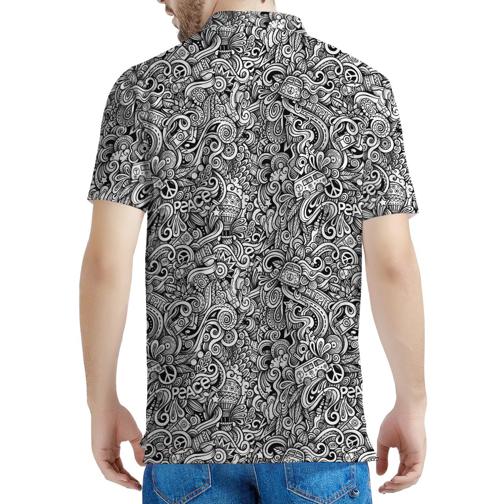 Monochrome Graffiti Hippie Pattern Print Men's Polo Shirt