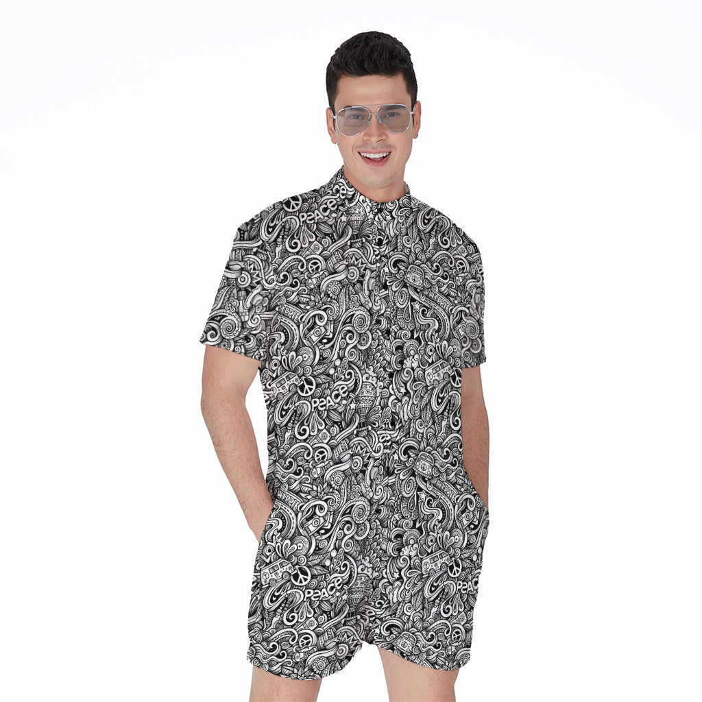 Monochrome Graffiti Hippie Pattern Print Men's Rompers