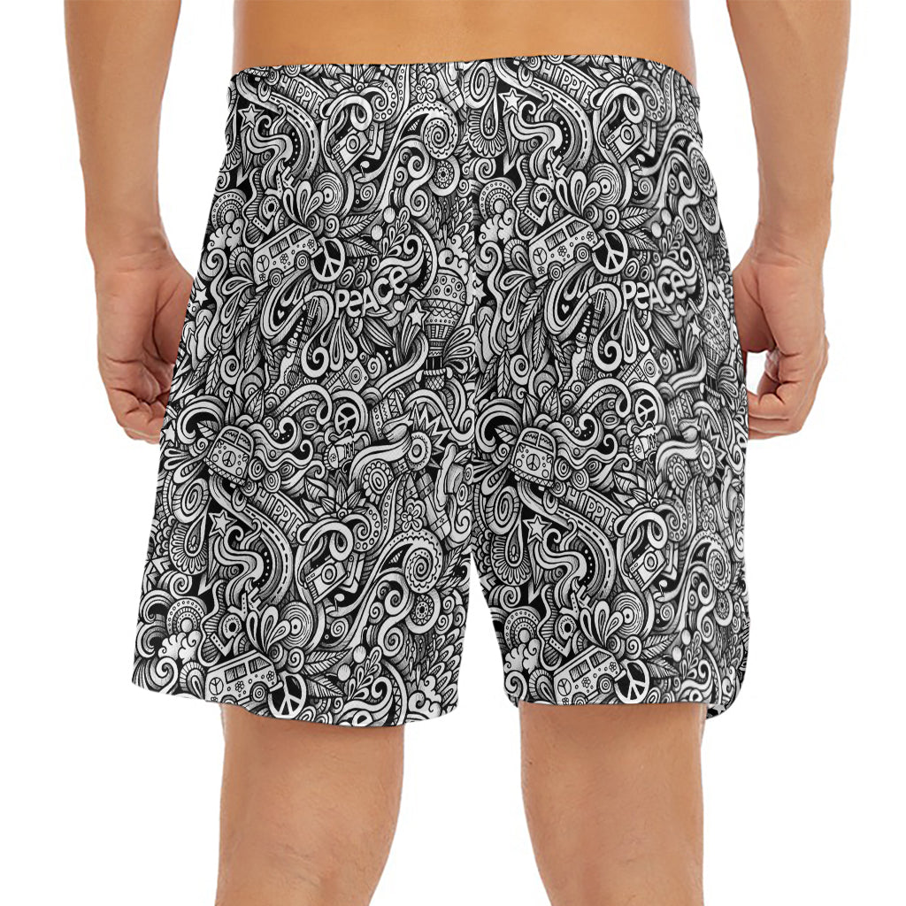 Monochrome Graffiti Hippie Pattern Print Men's Split Running Shorts