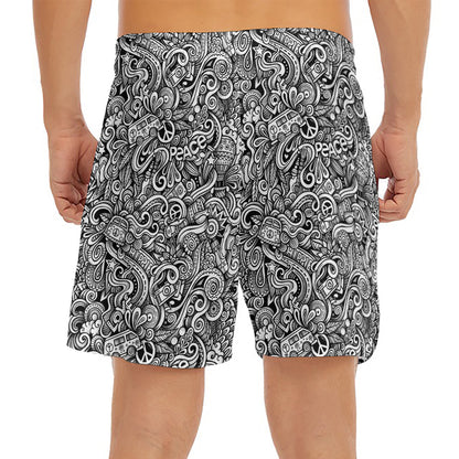 Monochrome Graffiti Hippie Pattern Print Men's Split Running Shorts