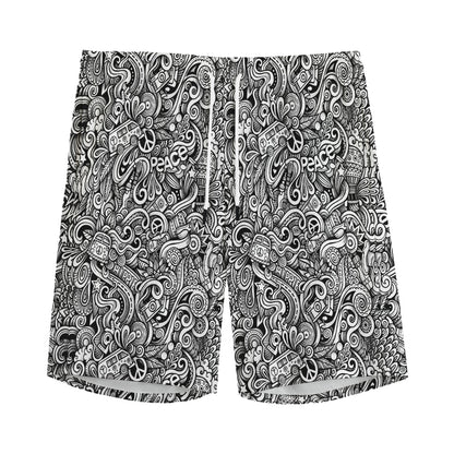 Monochrome Graffiti Hippie Pattern Print Men's Sports Shorts