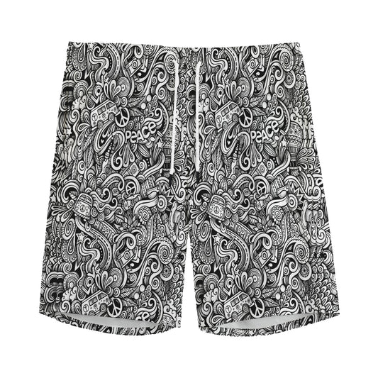 Monochrome Graffiti Hippie Pattern Print Men's Sports Shorts