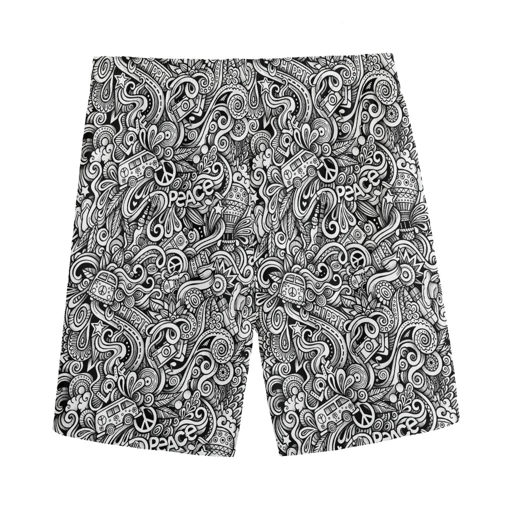 Monochrome Graffiti Hippie Pattern Print Men's Sports Shorts