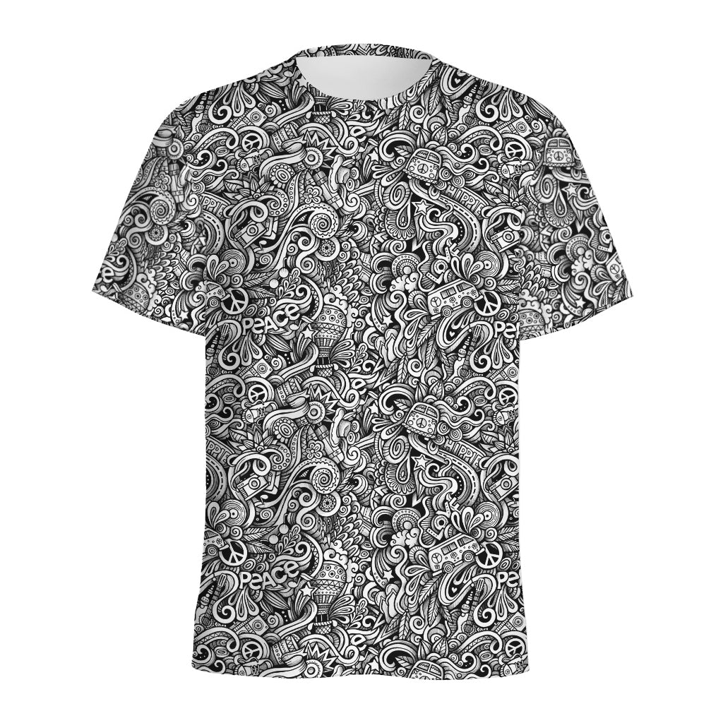 Monochrome Graffiti Hippie Pattern Print Men's Sports T-Shirt