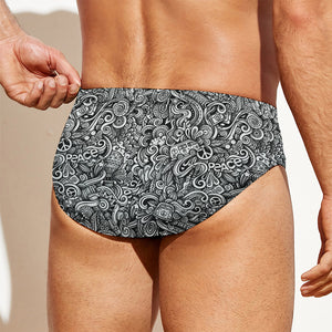 Monochrome Graffiti Hippie Pattern Print Men's Swim Briefs