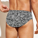 Monochrome Graffiti Hippie Pattern Print Men's Swim Briefs