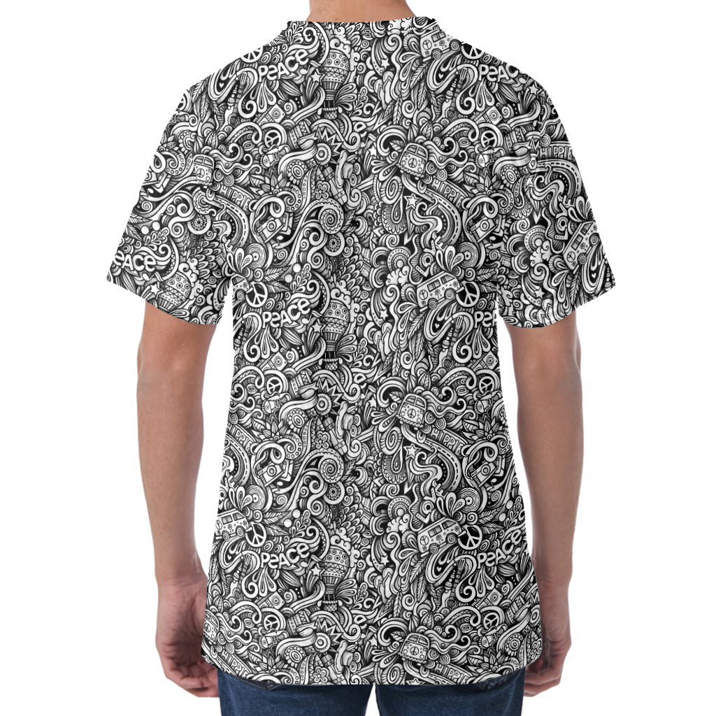 Monochrome Graffiti Hippie Pattern Print Men's Velvet T-Shirt