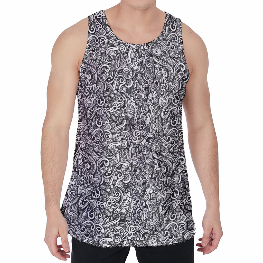 Monochrome Graffiti Hippie Pattern Print Men's Velvet Tank Top