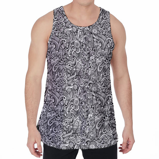 Monochrome Graffiti Hippie Pattern Print Men's Velvet Tank Top