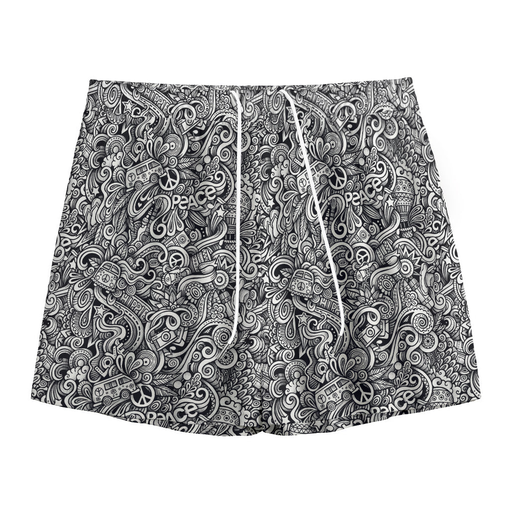 Monochrome Graffiti Hippie Pattern Print Mesh Shorts