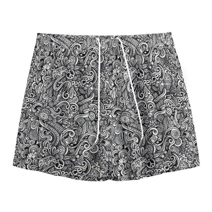 Monochrome Graffiti Hippie Pattern Print Mesh Shorts