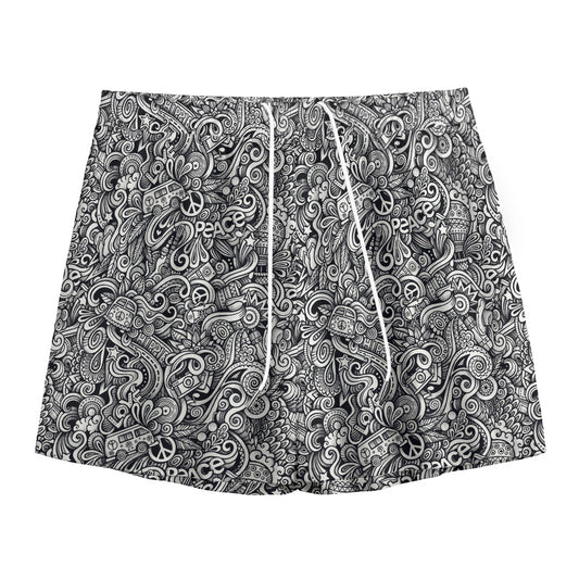 Monochrome Graffiti Hippie Pattern Print Mesh Shorts