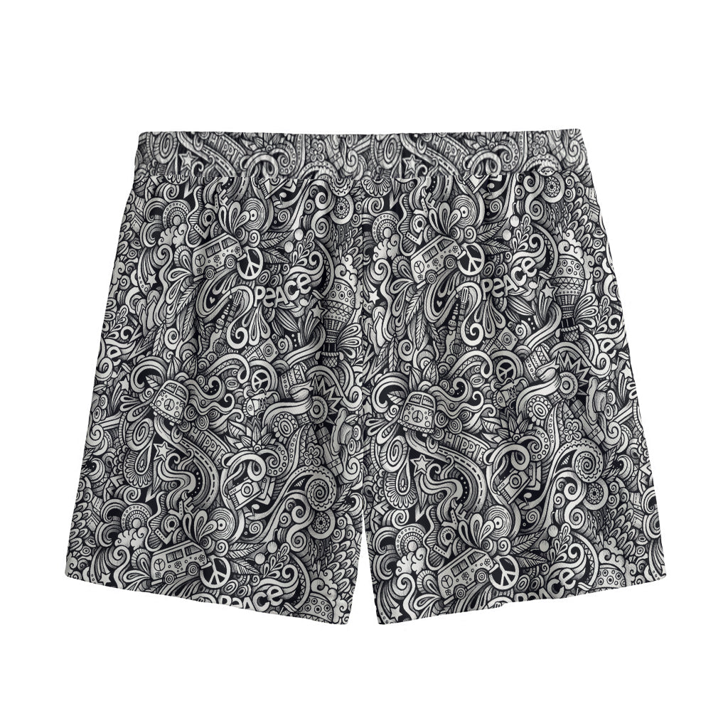 Monochrome Graffiti Hippie Pattern Print Mesh Shorts