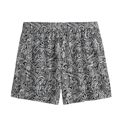 Monochrome Graffiti Hippie Pattern Print Mesh Shorts