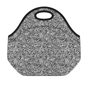 Monochrome Graffiti Hippie Pattern Print Neoprene Lunch Bag