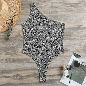 Monochrome Graffiti Hippie Pattern Print One Shoulder Bodysuit