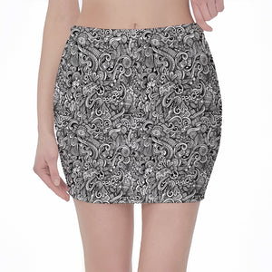 Monochrome Graffiti Hippie Pattern Print Pencil Mini Skirt