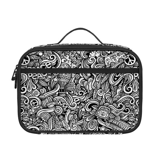 Monochrome Graffiti Hippie Pattern Print Portable Lunch Bag