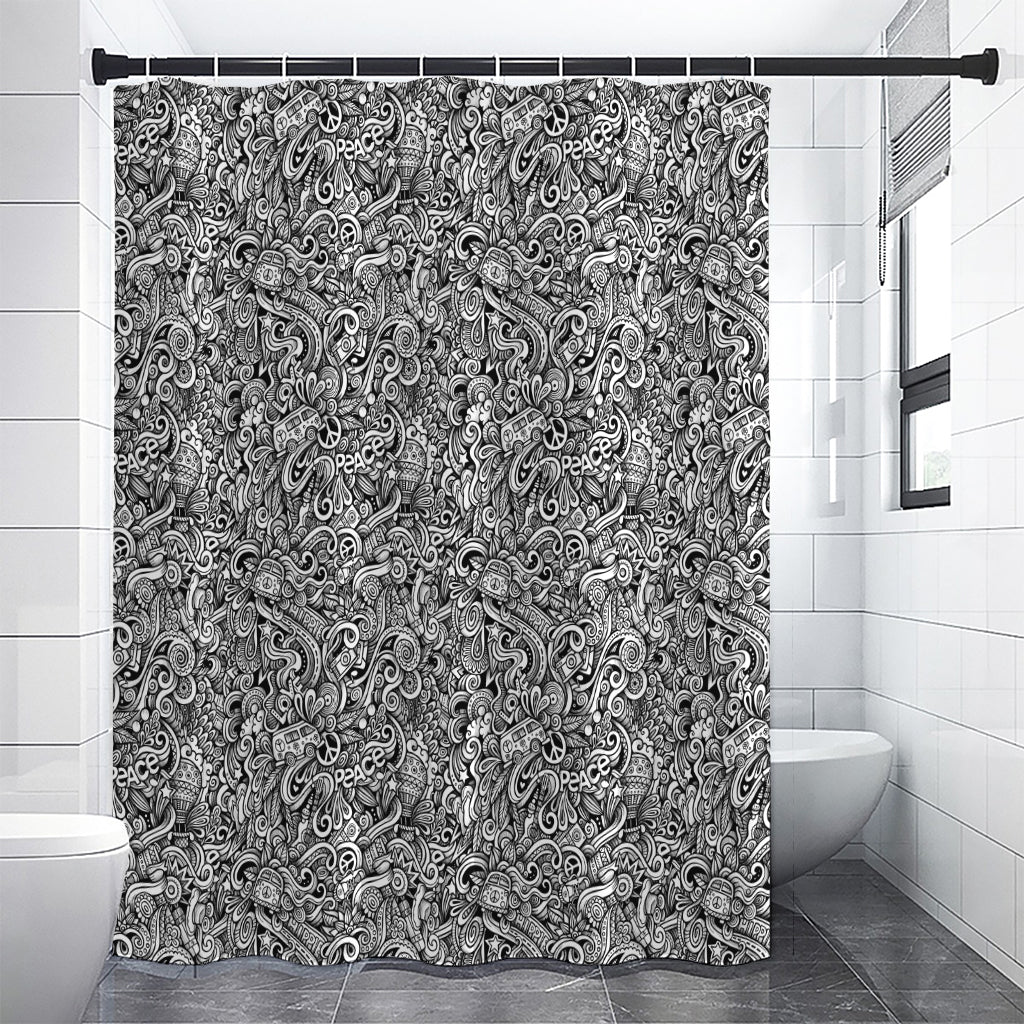 Monochrome Graffiti Hippie Pattern Print Premium Shower Curtain