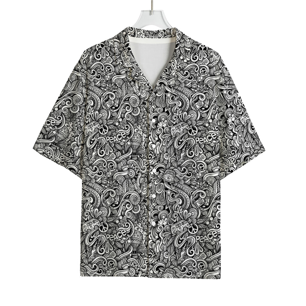 Monochrome Graffiti Hippie Pattern Print Rayon Hawaiian Shirt