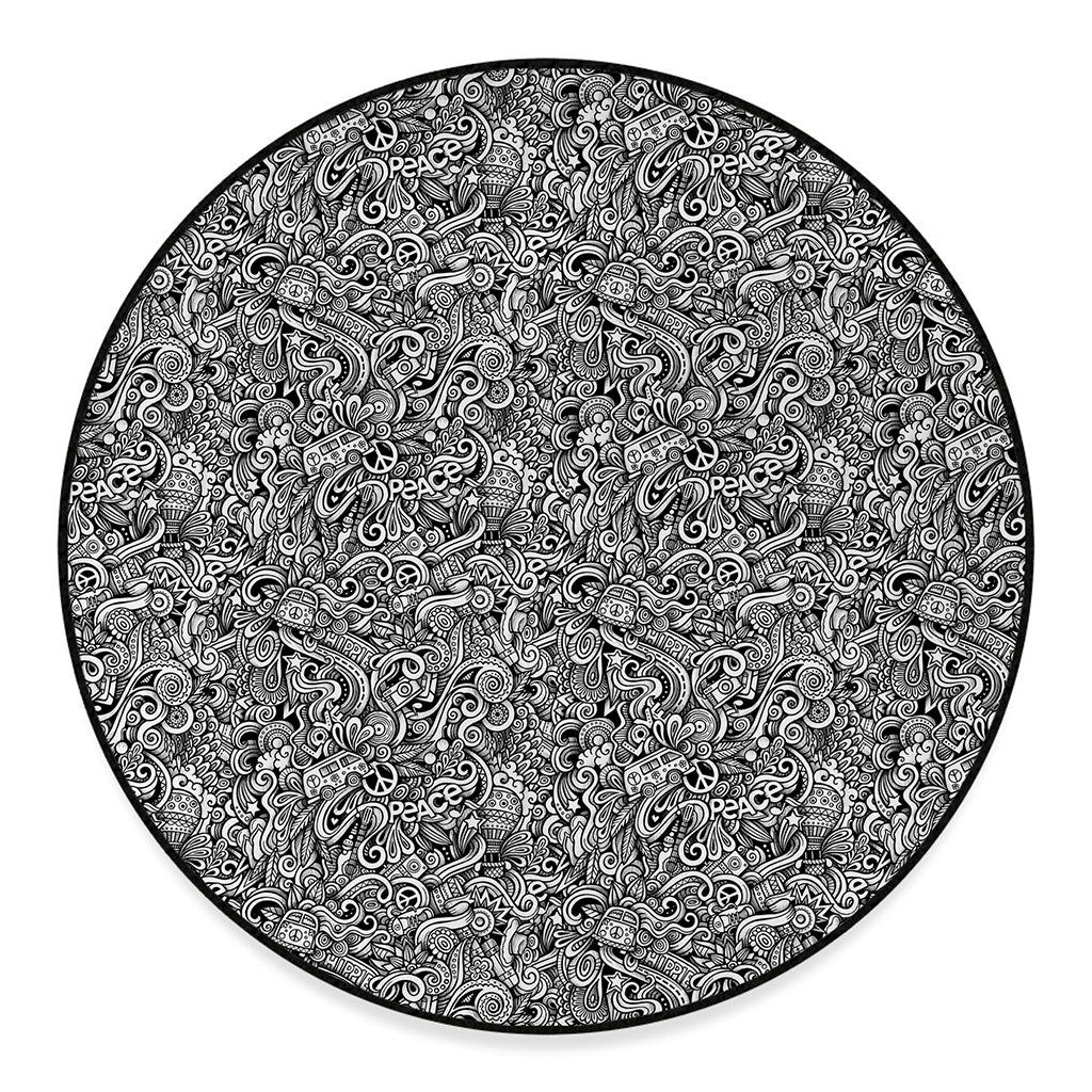 Monochrome Graffiti Hippie Pattern Print Round Floor Mat