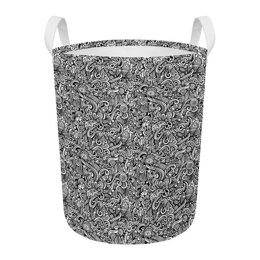 Monochrome Graffiti Hippie Pattern Print Round Laundry Basket
