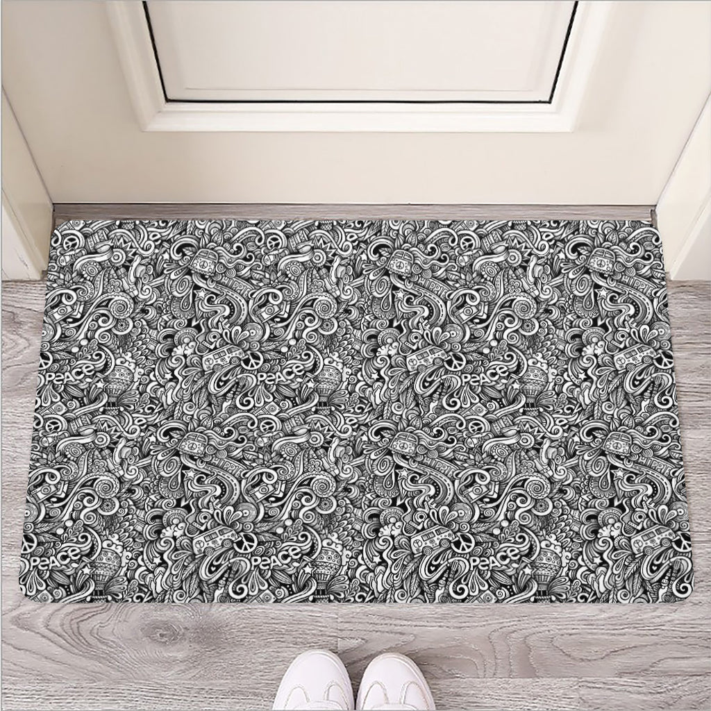 Monochrome Graffiti Hippie Pattern Print Rubber Doormat