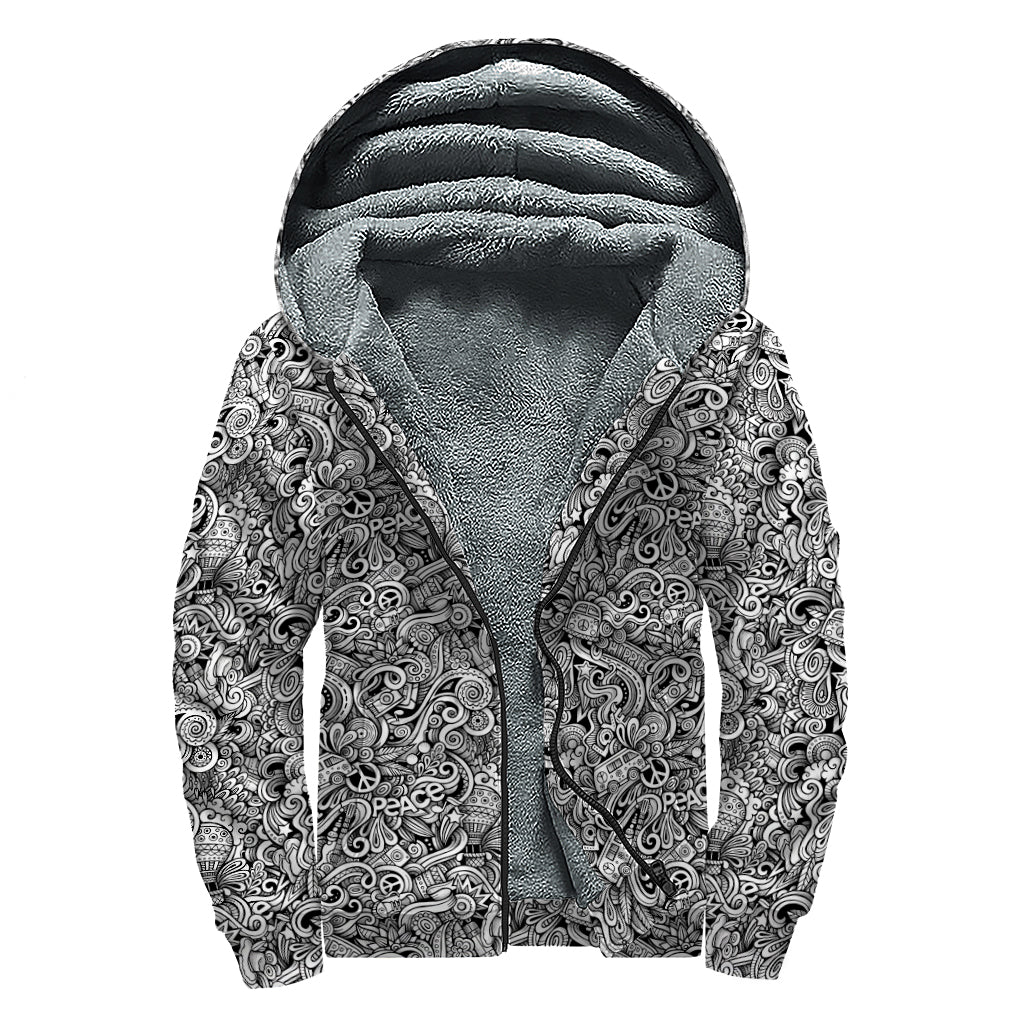Monochrome Graffiti Hippie Pattern Print Sherpa Lined Zip Up Hoodie