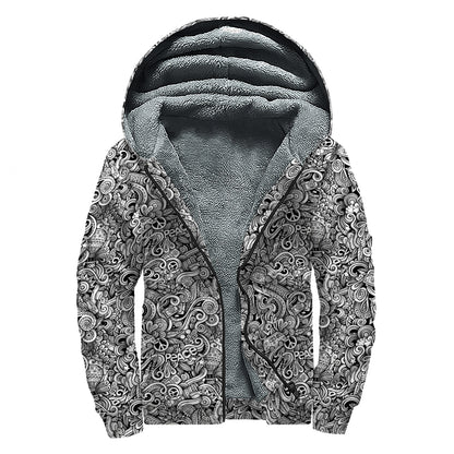 Monochrome Graffiti Hippie Pattern Print Sherpa Lined Zip Up Hoodie