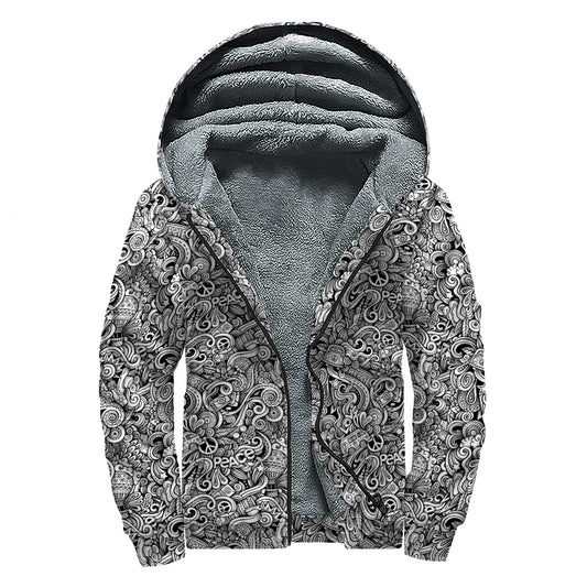 Monochrome Graffiti Hippie Pattern Print Sherpa Lined Zip Up Hoodie