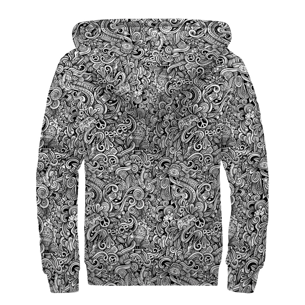Monochrome Graffiti Hippie Pattern Print Sherpa Lined Zip Up Hoodie