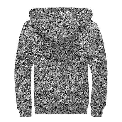 Monochrome Graffiti Hippie Pattern Print Sherpa Lined Zip Up Hoodie