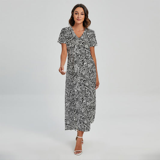Monochrome Graffiti Hippie Pattern Print Short Sleeve Maxi Dress