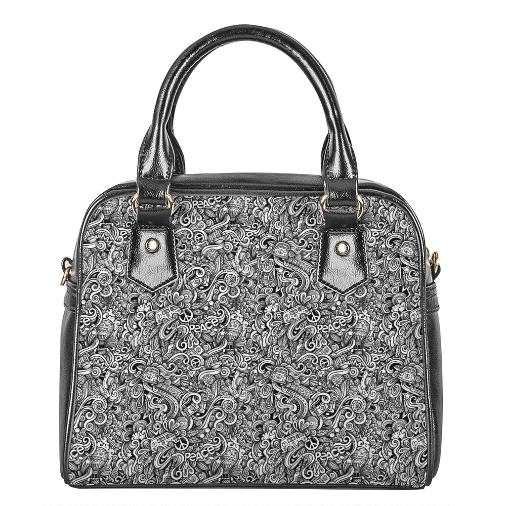 Monochrome Graffiti Hippie Pattern Print Shoulder Handbag