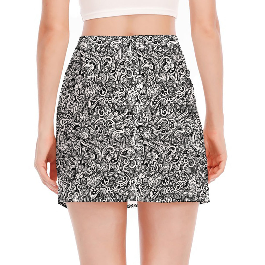 Monochrome Graffiti Hippie Pattern Print Side Slit Mini Skirt